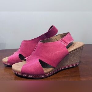 Clarks Red suede leather hello float4 cork wedge size 6M